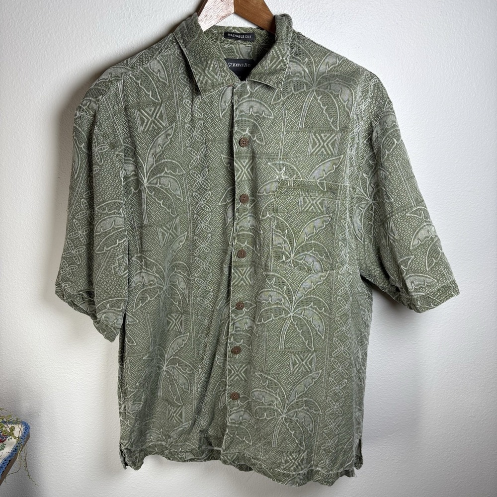 St Johns Bay Mens S Green Button Up Shirt Tropical Silk Shirt FLAW